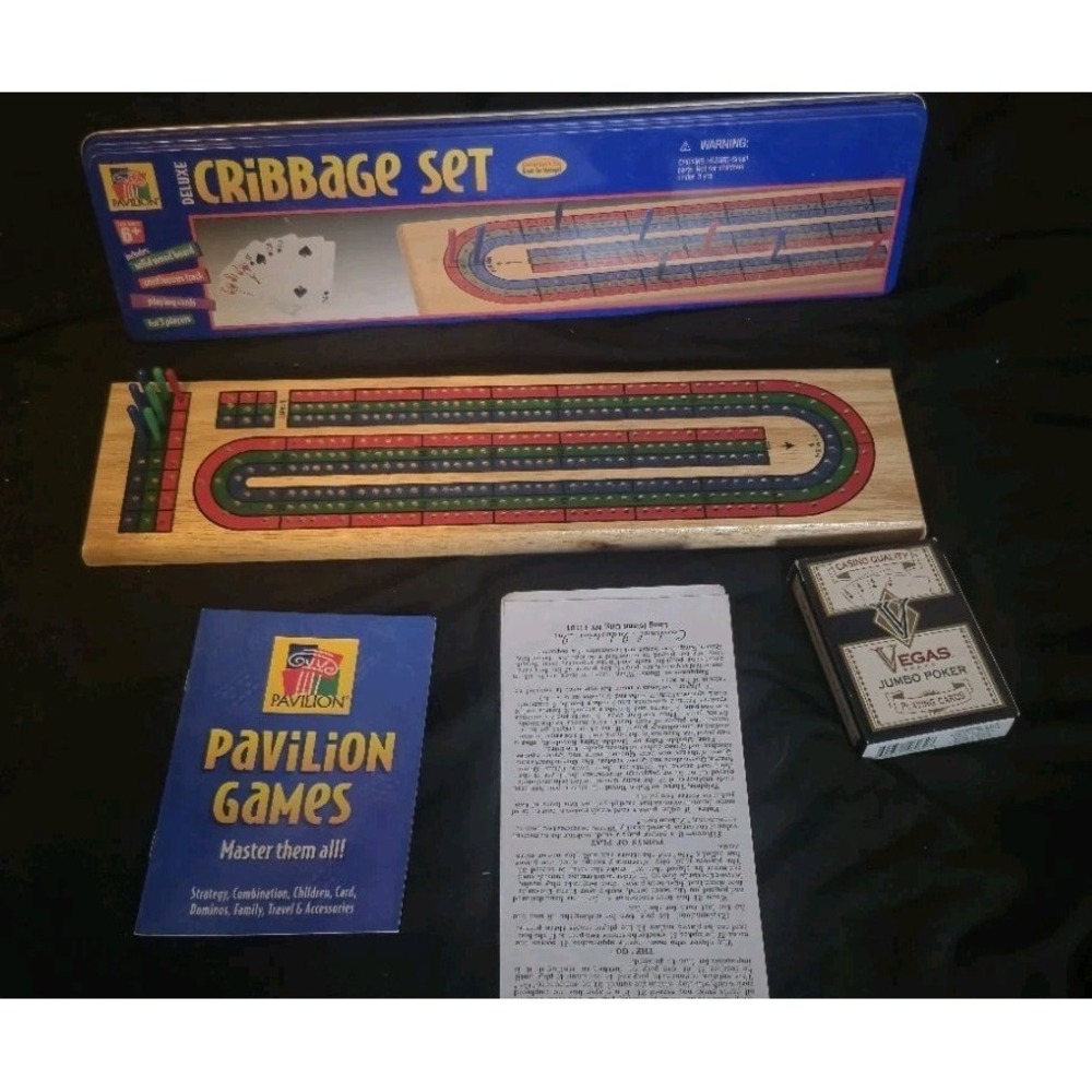 Pavilion Games Deluxe Cribbage Set Original Tin,  Wood Board  Missing 2 Red Pegs
